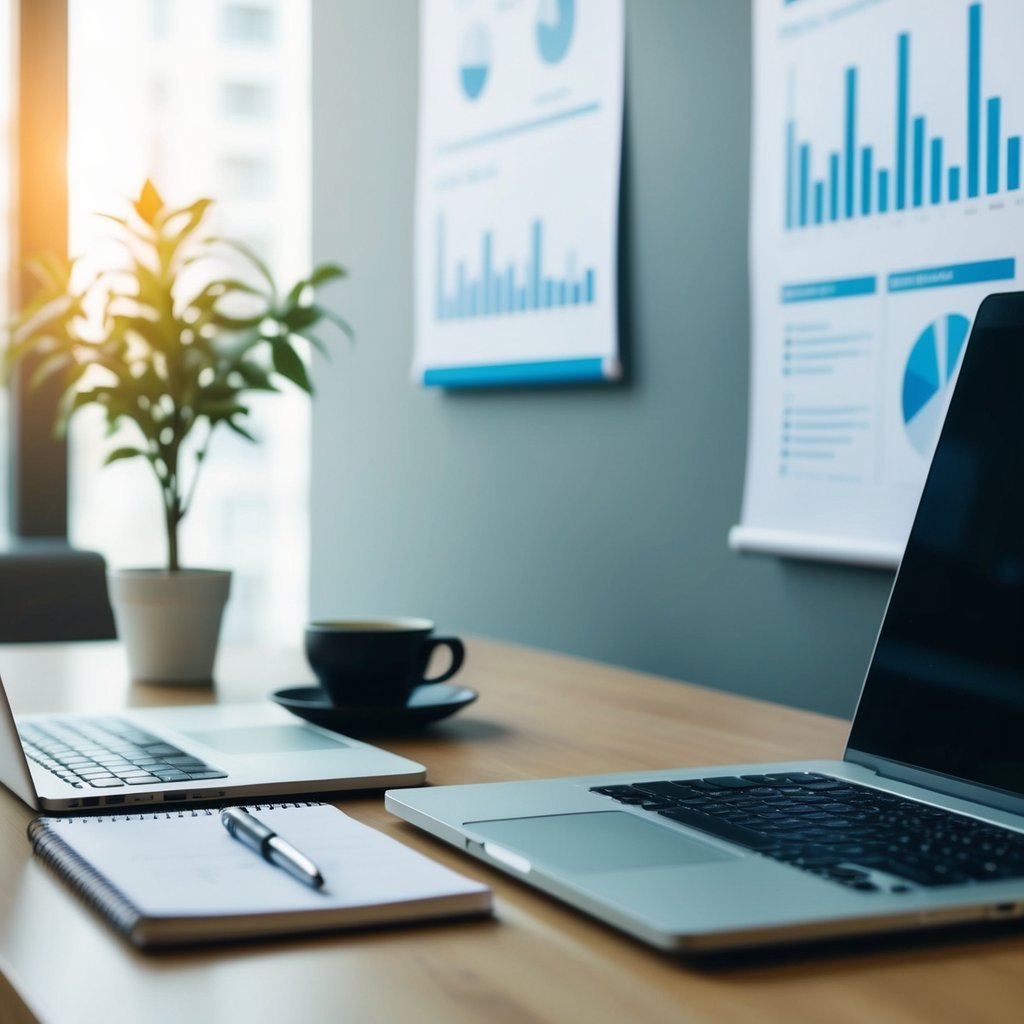 A desk with a laptop, notebook, and pen. Charts and graphs on the wall. A cup of coffee and potted plant in the background