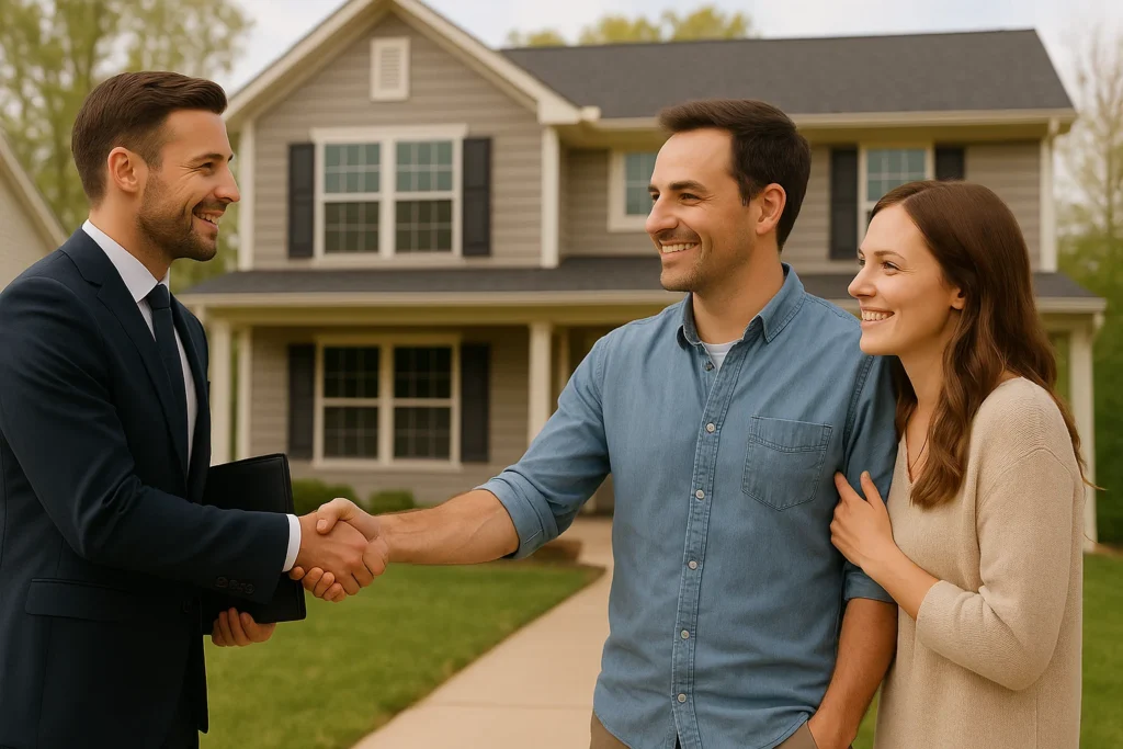 Smiling real estate agent shaking hands with a happy couple in front of their new suburban home on a sunny day.