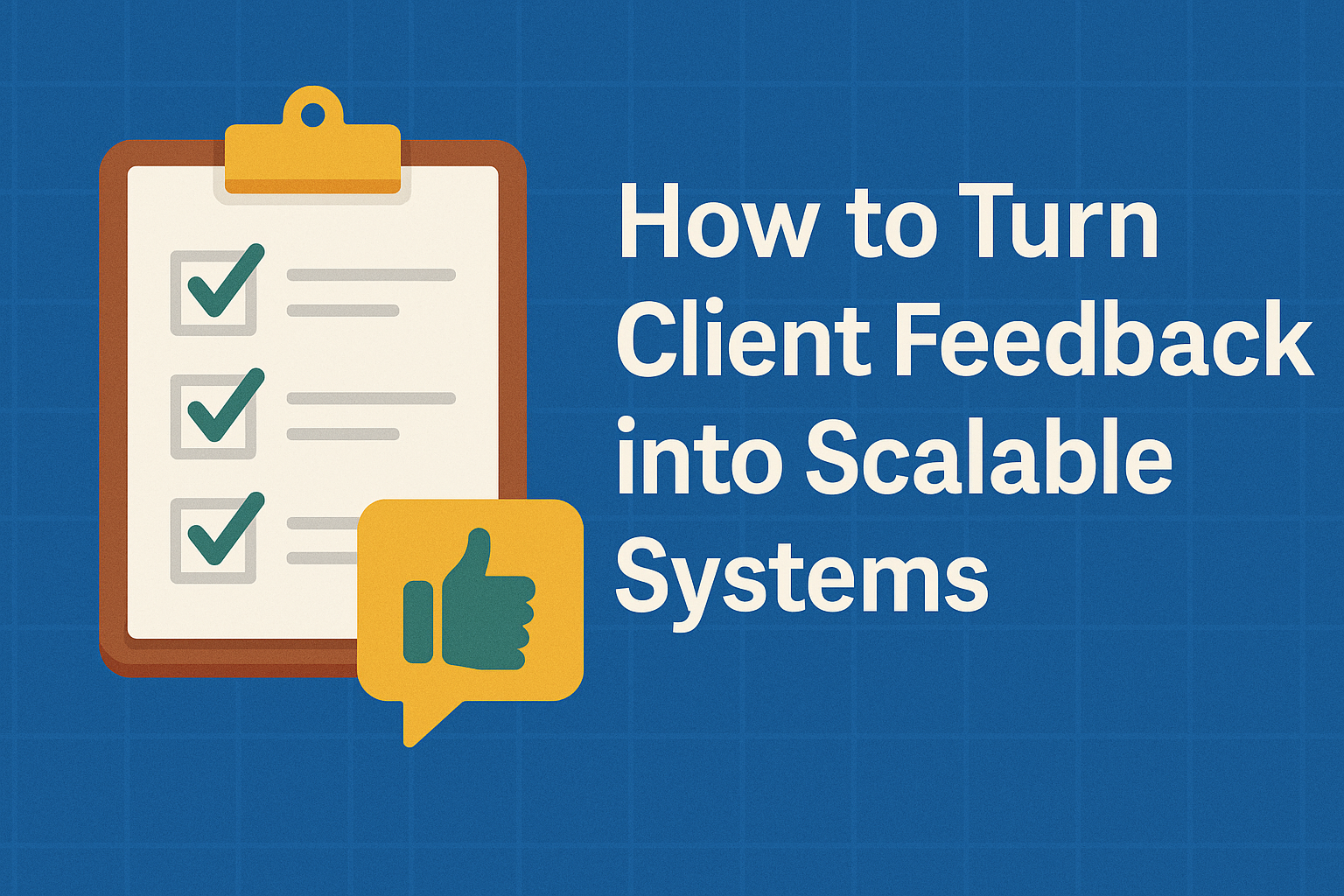 Digital illustration of a clipboard with checkmarks and a thumbs-up icon beside bold text reading “How to Turn Client Feedback into Scalable Systems” on a blue background.