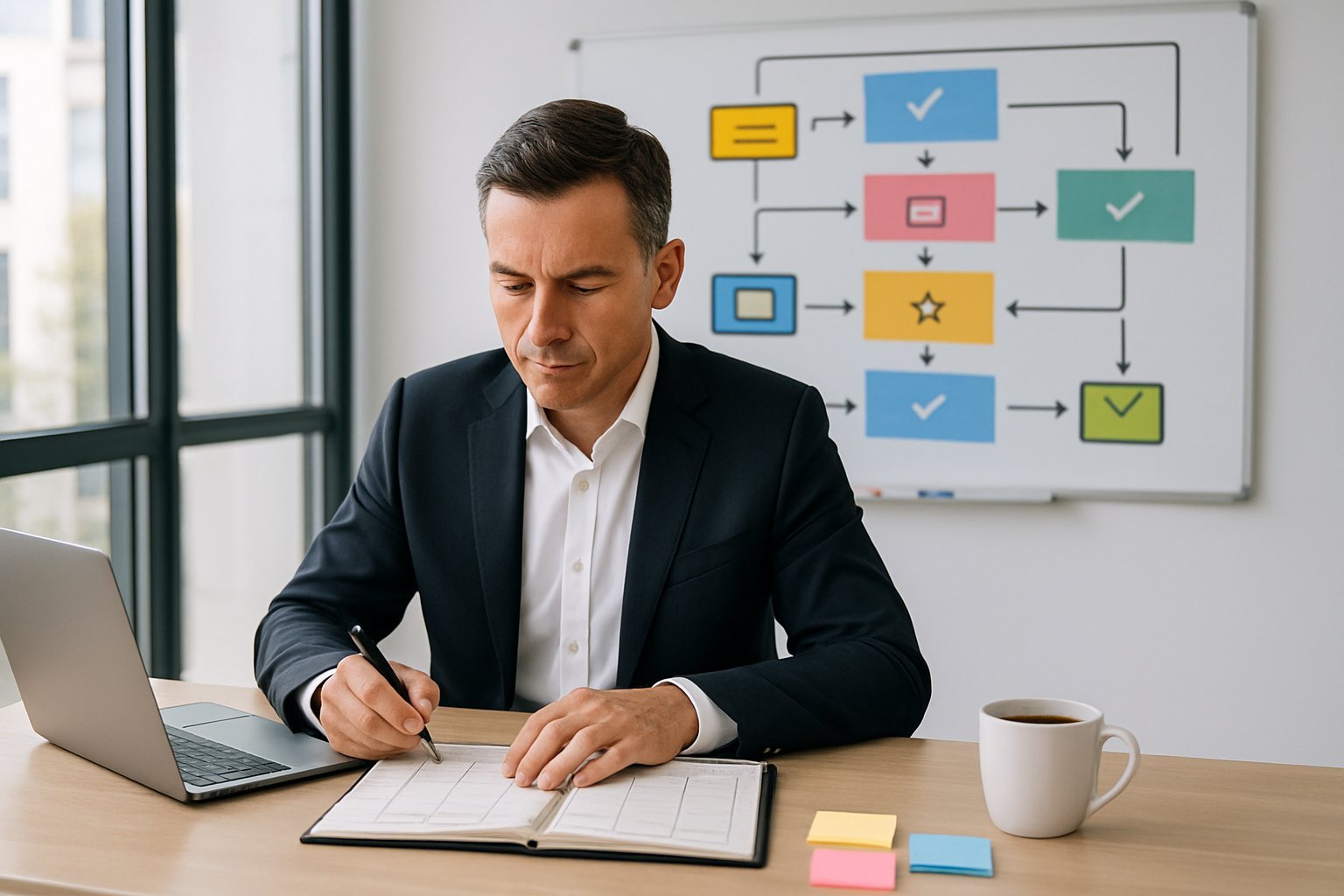 A CEO sitting at a desk in a bright office, organizing a weekly planner with a workflow chart displayed on a board behind them.
