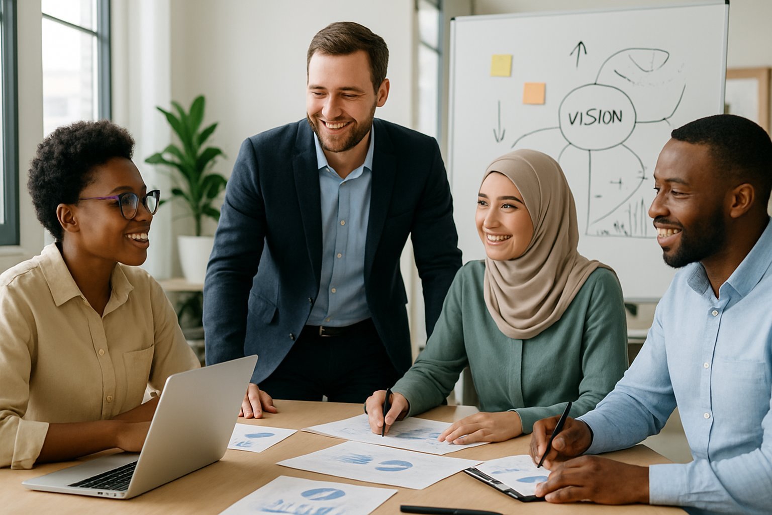 A group of small business people collaborating around a table with laptops and documents in a bright office.