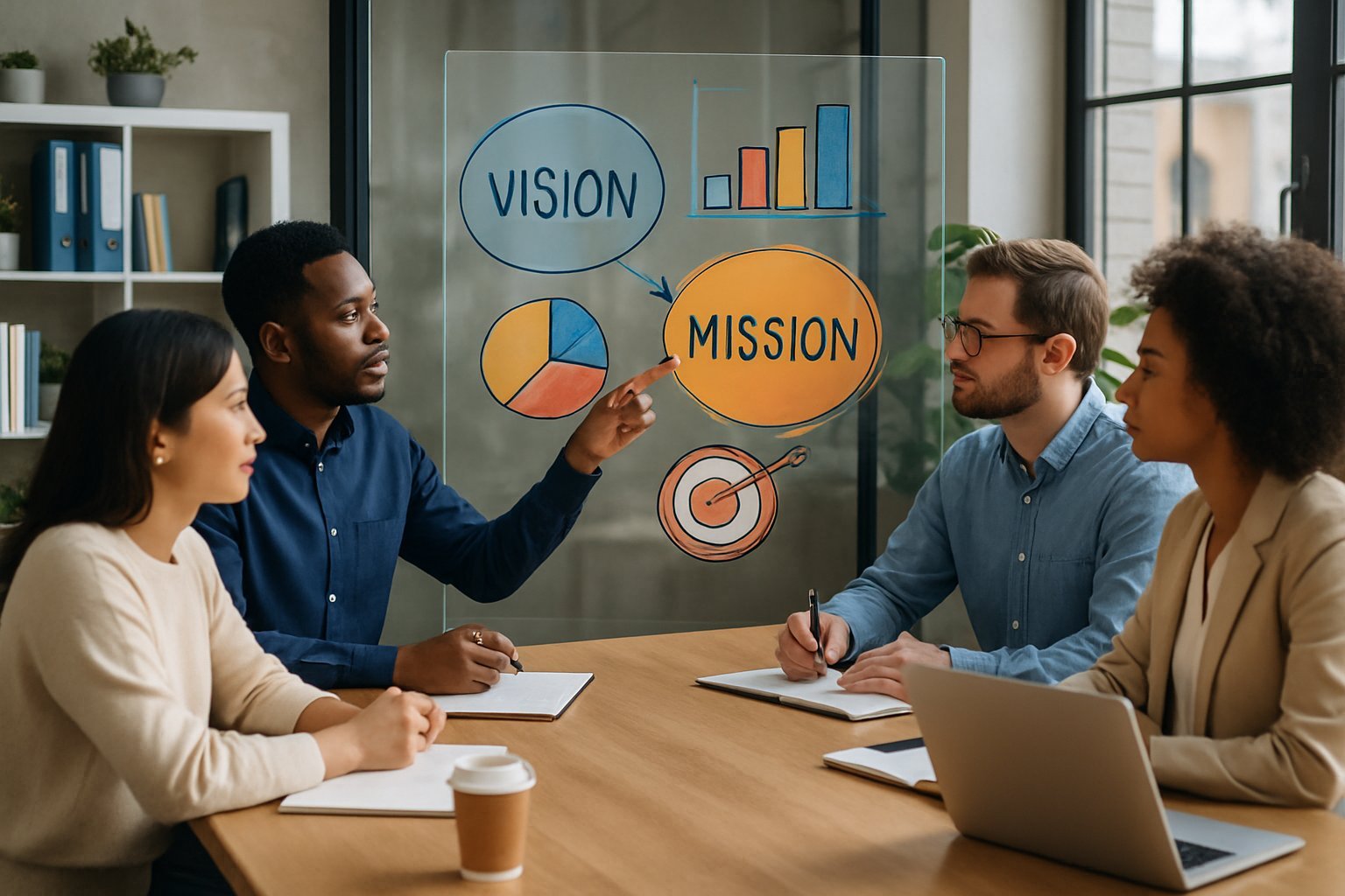 Four small business owners having a meeting around a table with charts on a glass board in a bright office.