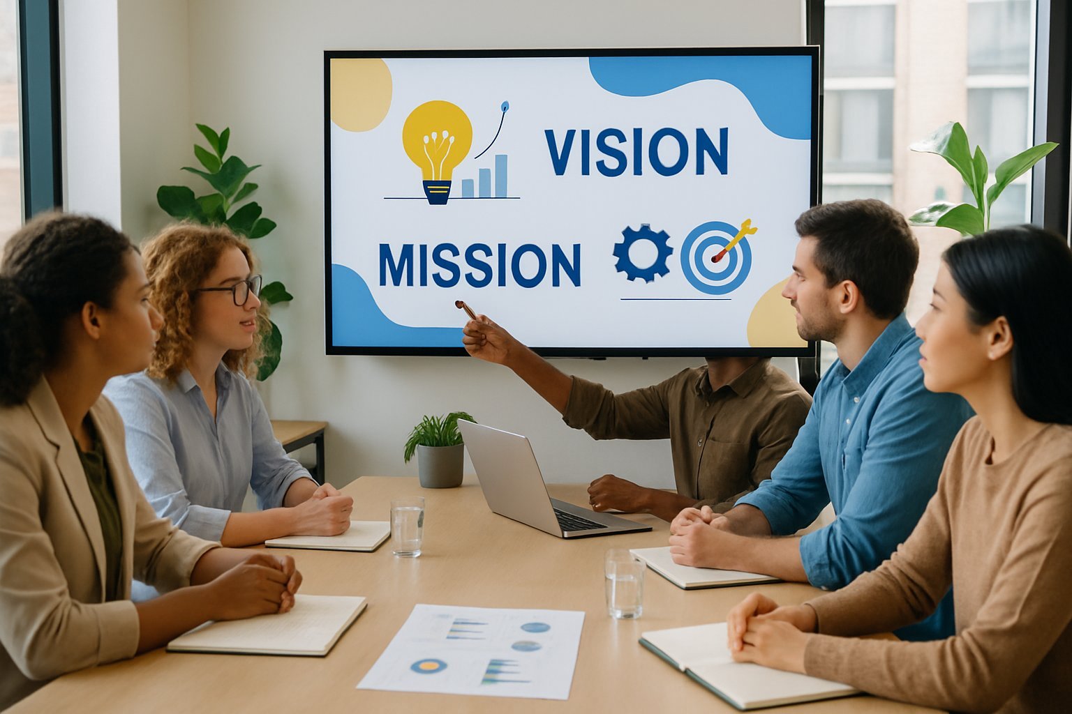 A diverse group of small business people discussing ideas around a conference table in a bright office.