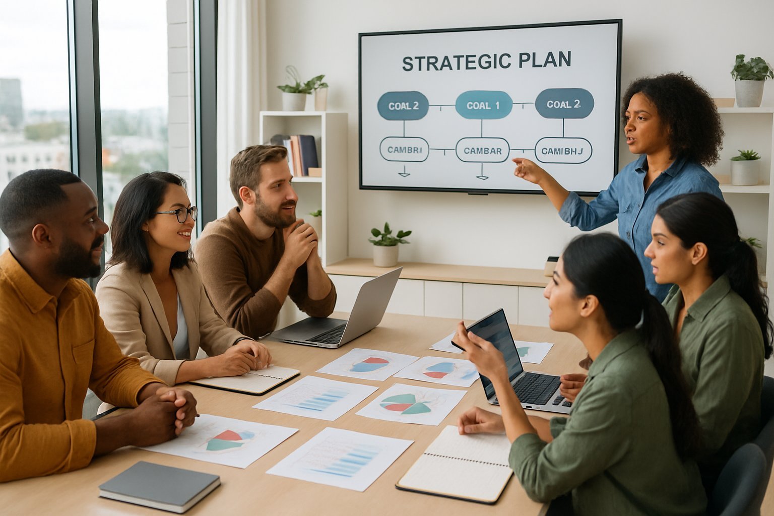 A diverse group of small business owners and entrepreneurs having a planning meeting around a conference table with laptops, charts, and a digital screen showing a strategic plan.