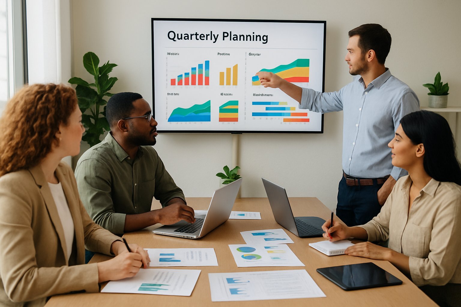 A group of small business owners collaborating around a table with laptops and charts, discussing quarterly planning in a modern office.