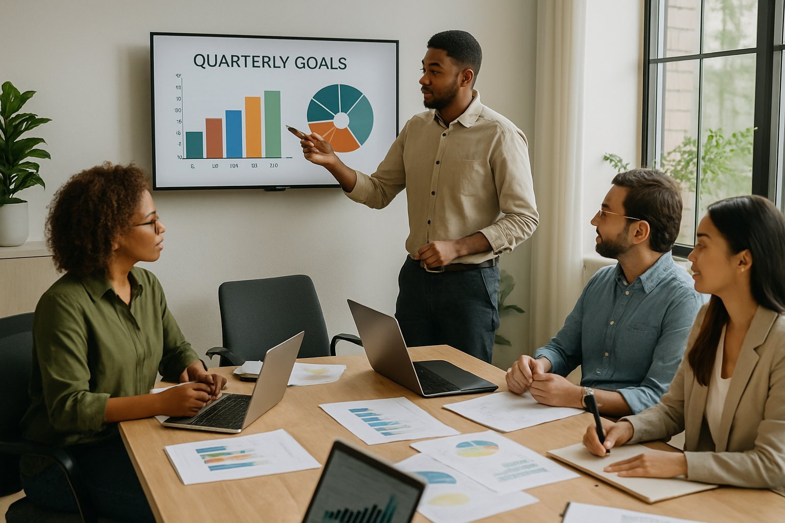 A group of small business owners in a meeting room discussing quarterly goals with charts and laptops on the table.