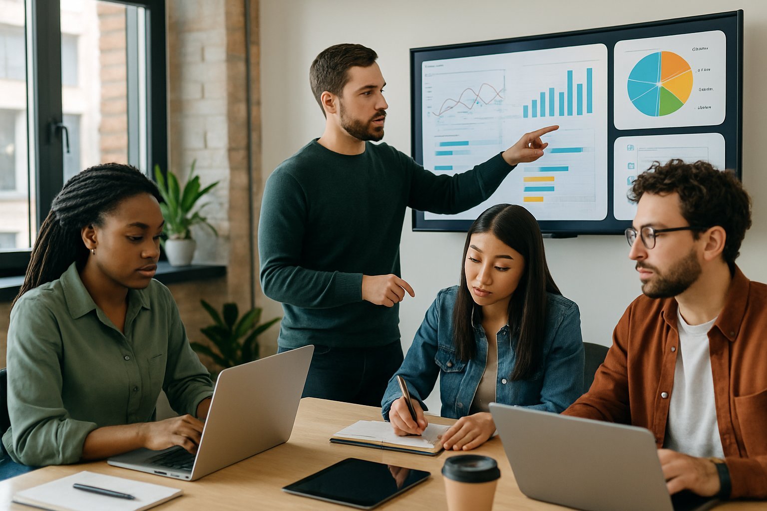 A group of busy founders collaborating around a digital dashboard displaying charts and task lists in a modern office.