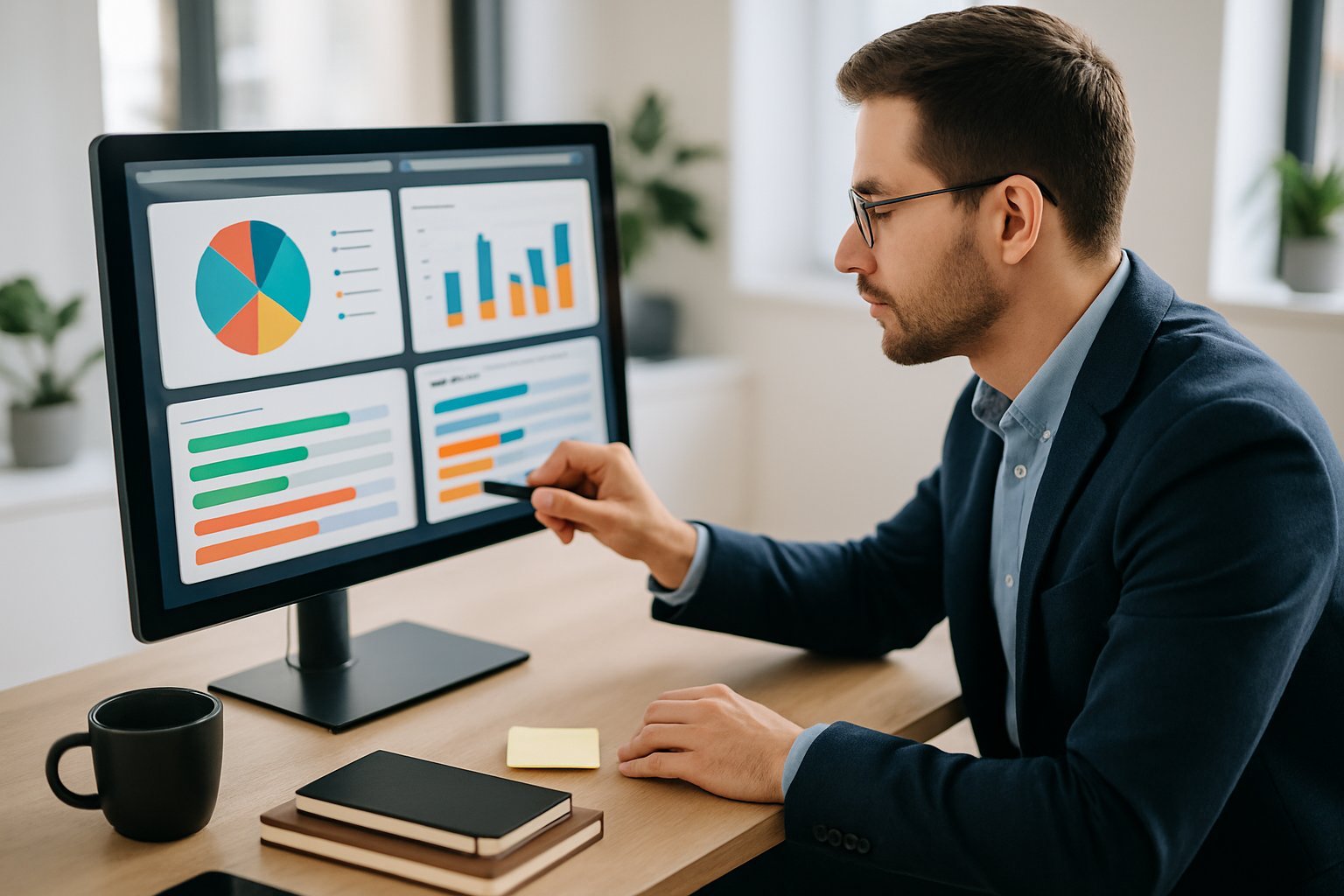A busy founder working on a laptop displaying a colorful delegation dashboard in a bright modern office.
